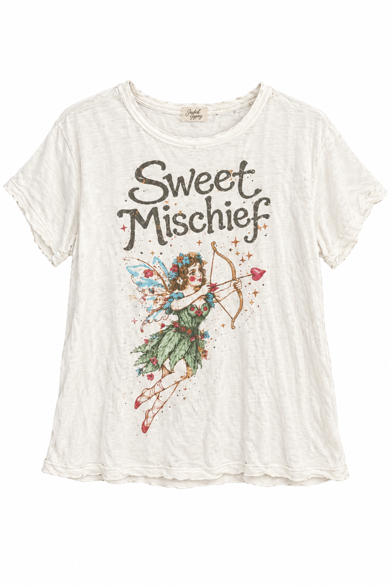 Trestles Clothing Company vintage-style white cotton tee with Sweet Mischief fairy graphic and distressed hem